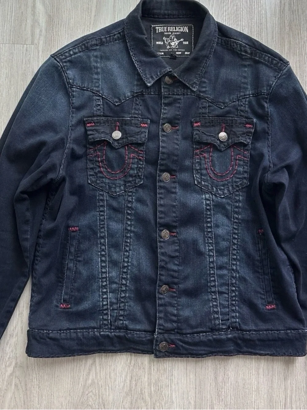 True Religion Dark Blue Denim Jacket with Pink Stitch Accents